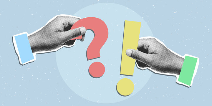 Creative collage art of halftone hands holding question mark and exclamation point symbols. Perfect for FAQ, Q&A, or problem-solving concepts.