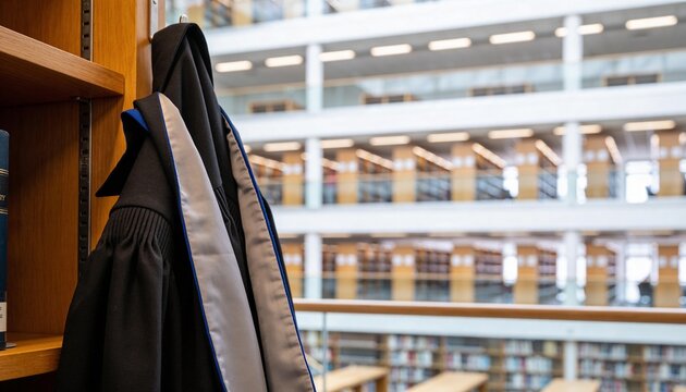 Academic graduation gown hanging on a bookshelf in a modern library. Black university robe with silver and blue hood. Higher education and academic achievement concept