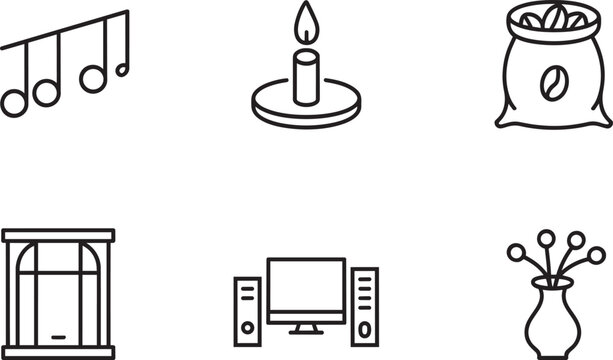 Modern minimal everyday icons set with elements of music, home, tech, and coffee and thin line in outline style
