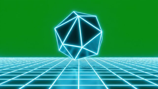 Neon Grid with 3D Polygon on Green Screen - A glowing blue neon grid floor extends into the distance, with a luminous 3D geometric shape hovering above it.