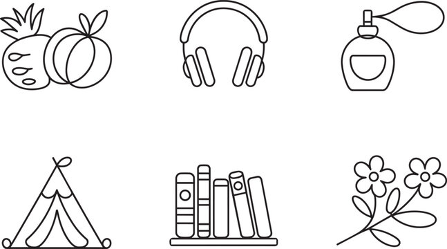 Modern minimal lifestyle icons set featuring fruits, headphones, perfume, teepee, books, and flowers style and thin line in outline style
