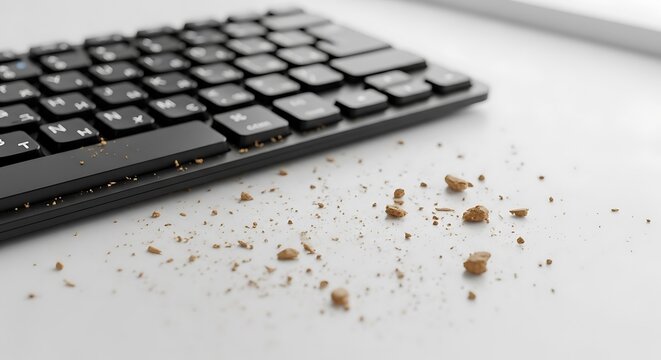 Crumb dust on computer keyboard surface.