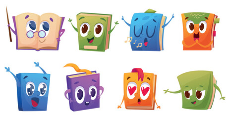 Obraz premium Cartoon funny book characters. Adorable books with giant eyes and different emotions. Reading mascots, cute library literature stickers, nowaday vector clipart