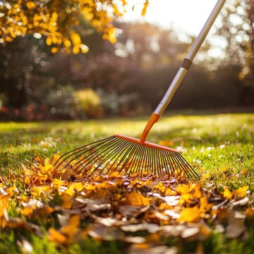 Orange garden rake cleaning up golden leaves on a lush green lawn in the afternoon sun