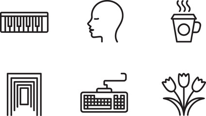 Diverse essential icons set including music, mind, coffee, abstract, tech, and nature and piano in outline style © Yasin