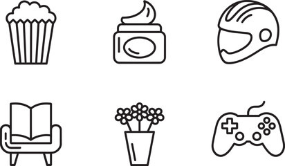 Icons set cupcake, cosmetic jar, helmet, armchair with book, flower vase, gamepad and user interface, app icon, and web and mobile in outline style © Yasin
