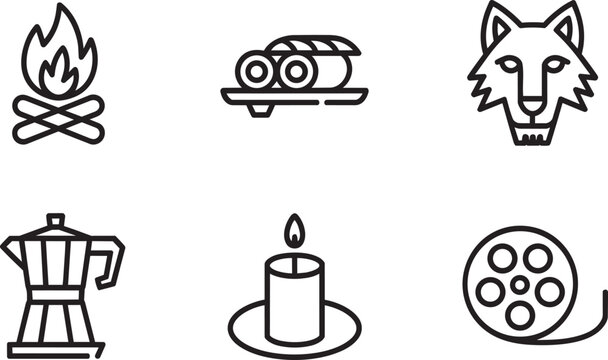 Film reel and movie coffee maker, and moka pot icons set in outline style