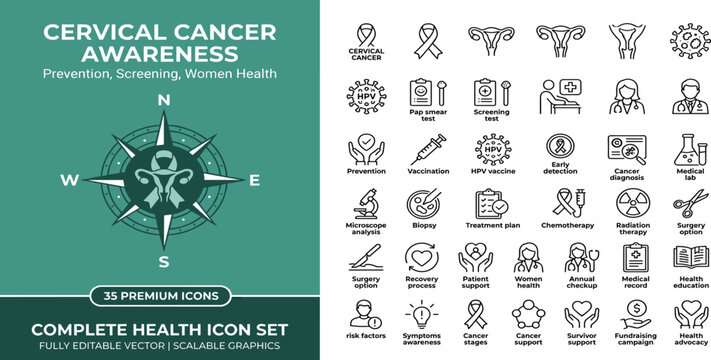 Cervical cancer thin line icon . Editable stroke . Vector .