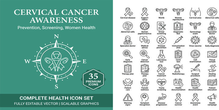 Cervical cancer thin line icon . Editable stroke . Vector .