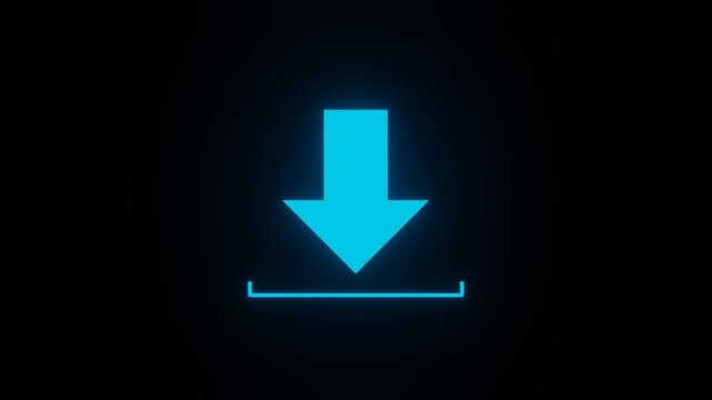 Download sign with cyan neon glowing bold arrow and base line loop animation on dark background