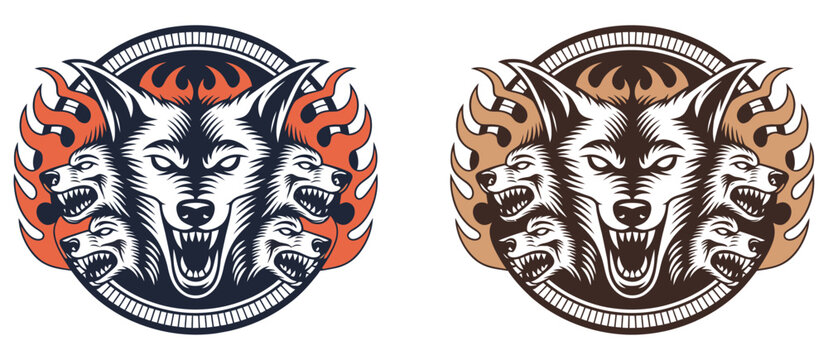 wolf label belt buckle three wolves heads with fire flames wild west cowboy style tag design featuring brave daring courage stylized silhouette composition with bold western emblem and rugged vintage 