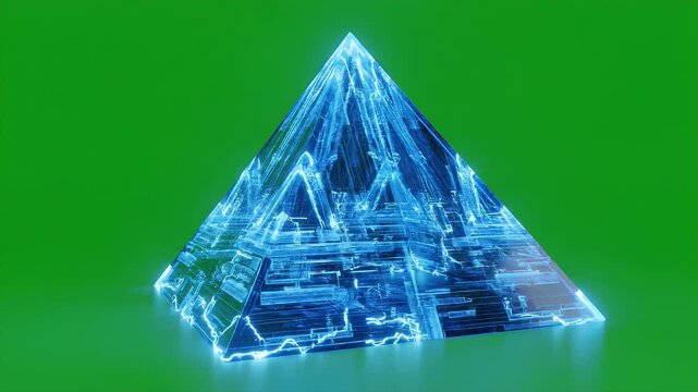 Glowing Holographic Pyramid on Green Screen - The video features a luminous holographic pyramid with intricate circuitry patterns glowing softly against a chroma key green screen background.