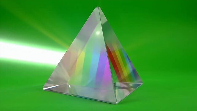 Rotating Prism with Refracted Rainbow Beams - A transparent triangular prism sits against a vivid green background, refracting light into a spectrum of vivid, colorful beams.