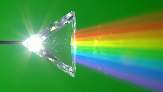 Rotating Prism Refracting Colorful Light Beams - A triangular prism refracts light into a vibrant spectrum of colors against a chroma key green screen.