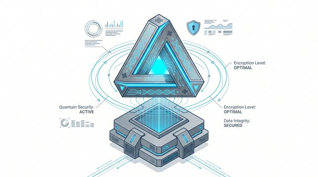 Isometric data security illustration, secure digital information transfer, cloud computing protection, and network encryption concept, with a glowing blue impossible triangle and data server.