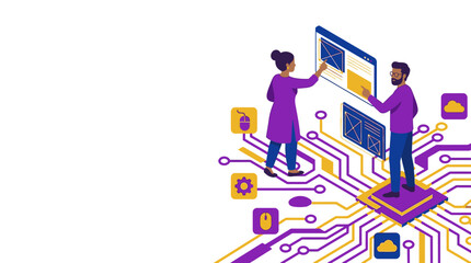 Fototapeta premium Team collaborating on digital interface, interacting with data visualization screens, concept of technology and teamwork, pixel art style