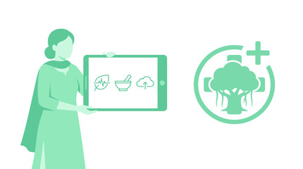Fototapeta premium Woman holding tablet showing health icons, with healthcare symbol featuring banyan tree and plus sign