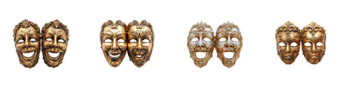 Four pairs of theatrical masks showing laughing and neutral expressions isolated on transparent background
