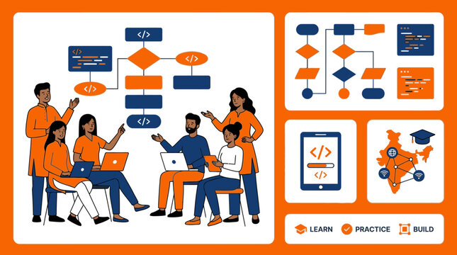 Team collaborating on a software development project, discussing algorithms and coding, with flowcharts and digital interfaces displayed, technology and teamwork concept