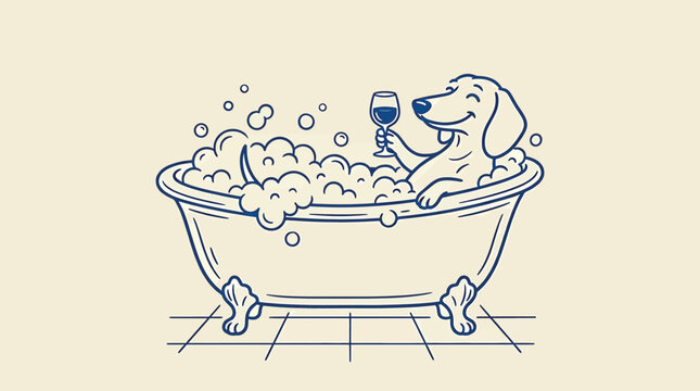 Cute dachshund dog relaxing in a bubble bath with a glass of wine, vector illustration