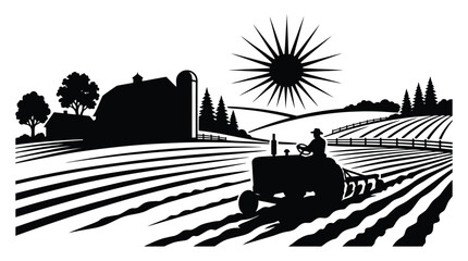 Farm scene with tractor barn and sunburst in black silhouette style © EY