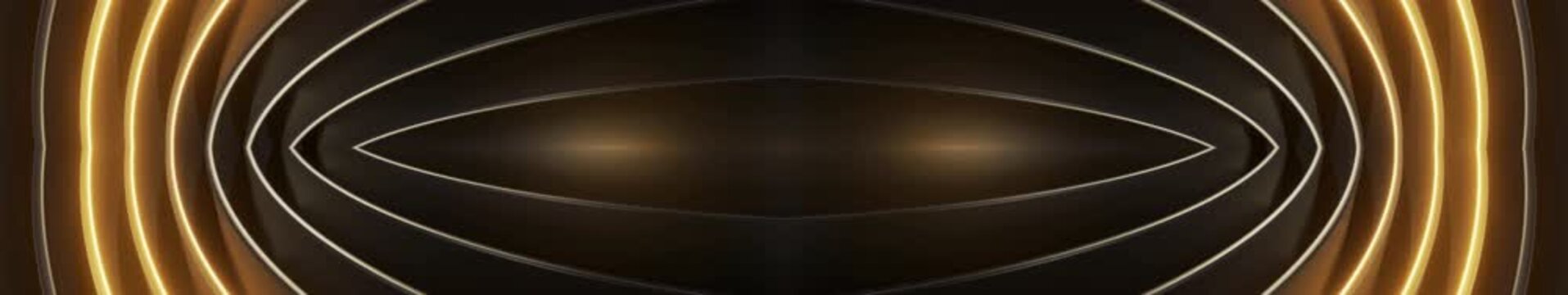 Abstract glowing golden eye shape with metallic rings on a black widescreen background