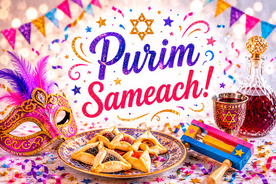 Purim Sameach Celebration in Jerusalem with Hamantaschen and Festive Decorations, AI Generated