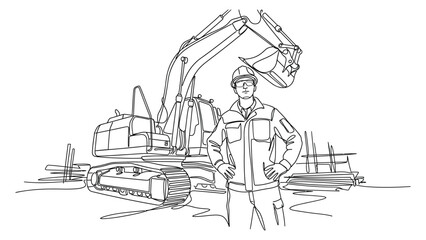 Naklejka premium construction worker standing next to excavator.