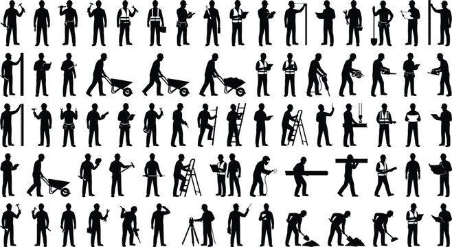Industrial construction workers silhouettes large set with builders engineers engineers and technicians working isolated on white background