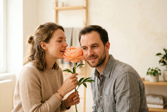 Konzeptbild zur Redewendung &bdquo;etwas durch die Blume sagen&ldquo;, bei dem eine Person wortw&ouml;rtlich durch eine Blume spricht.