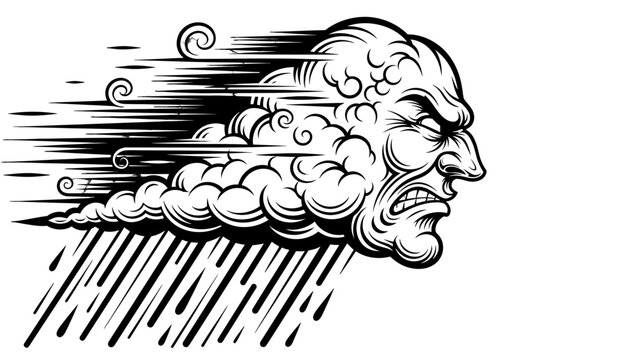 An angry storm cloud with a human face, depicted in a dynamic, illustrative style, with rain falling heavily.