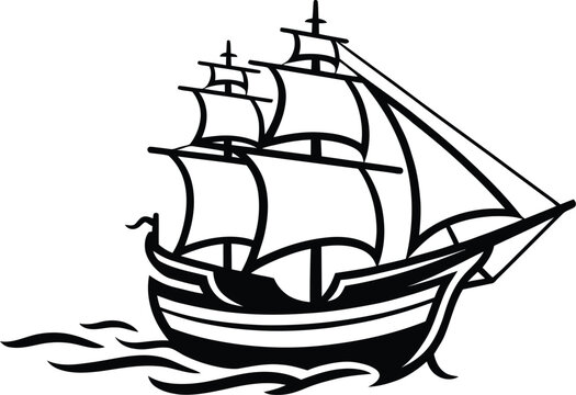 Black and white stylized illustration of a sailing ship on water with transport illustration shipwreck historical exploration maritime nautical