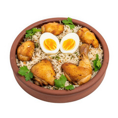 Fototapeta premium Delicious rice bowl with egg and croquettes
