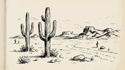 Hand drawn sketch of a desert landscape with saguaro cacti and mountains © SampaRani