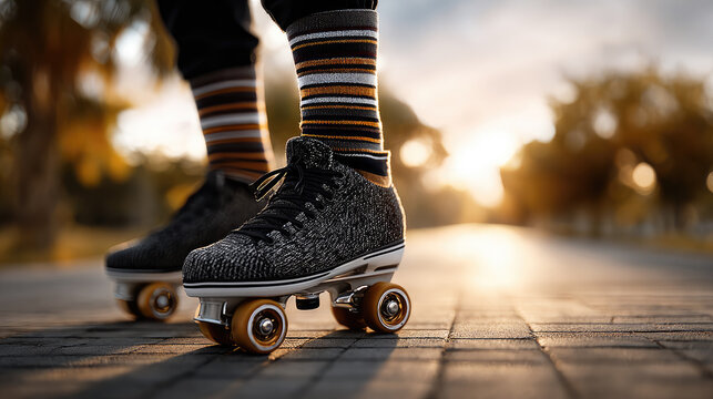 Person wearing roller skates and retro striped socks while outdoor exercising on a paved path, enjoying a sunset ride with vintage vibe and golden hour light