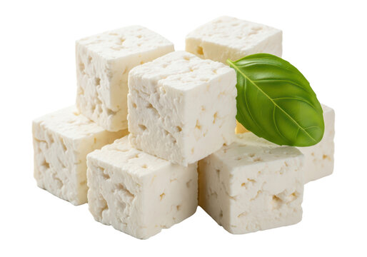 Fresh feta cheese cubes with a green basil leaf isolated on transparent background