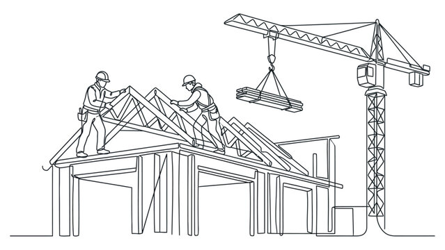 Construction workers building a house roof.
