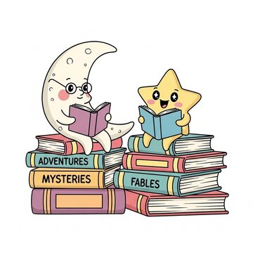 Cute cartoon moon and star characters reading books about adventures and fables together