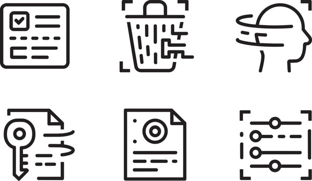 Digital interface icons set including vr headset, key document, and settings panel and virtual reality and user experience in outline style
