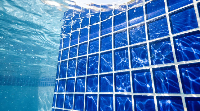 Underwater view of swimming pool blue mosaic tiles | Sunlight caustics and water ripple patterns | Summer vacation and luxury resort leisure concept | Refreshing clear blue water in hotel pool