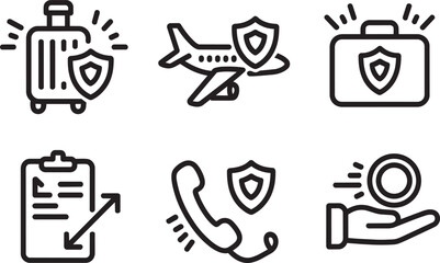 Fototapeta premium Insurance icons set depicting luggage, plane, briefcase, document, phone and coin and business icon, and in outline style