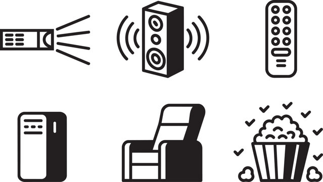Home entertainment icons set projector, speaker, remote, media player, recliner chair, and popcorn and control and sound waves in outline and solid