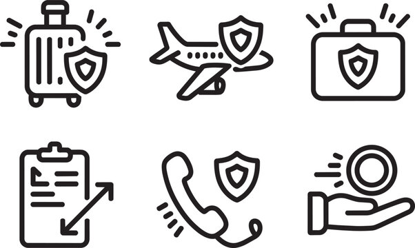 Insurance icons set depicting luggage, plane, briefcase, document, phone and coin and business icon, and in outline style