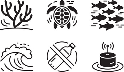 Ocean life and conservation icons set coral, sea turtle, fish school, wave, no plastic, and buoy in outline style © Laila