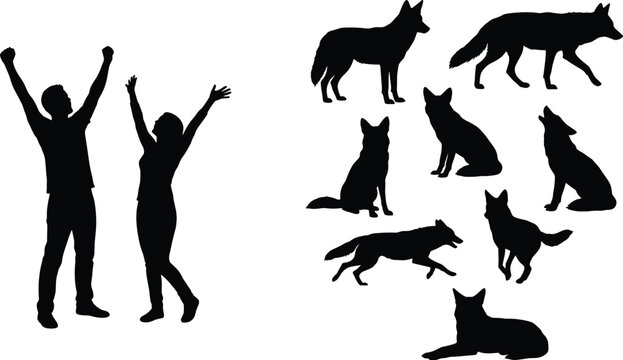 Silhouette collection of happy cheering couple with arms raised and various poses of wild wolves and foxes vector illustration set