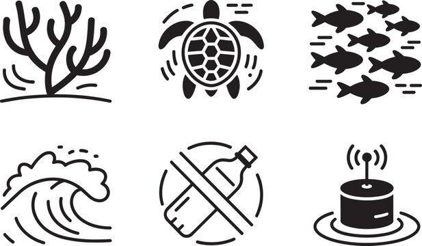 Ocean life and conservation icons set coral, sea turtle, fish school, wave, no plastic, and buoy in outline style