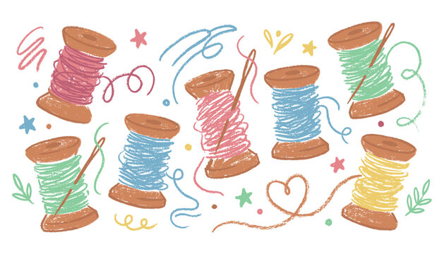 Wooden thread spools vector illustration with colorful yarn and needles for hand sewing and craft.