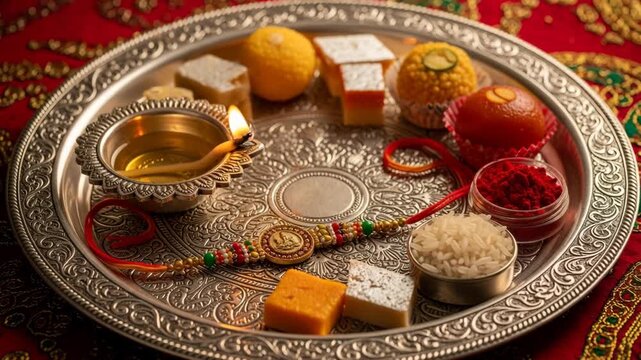 Traditional raksha bandhan pooja thali with sweets and decorative rakhi 4K Ai HD high quality video.