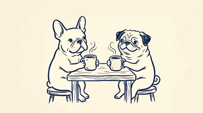 Cute french bulldog and pug sitting at a table drinking coffee together