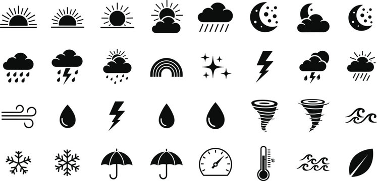 Weather forecast solid glyph icon set featuring sun rain clouds lightning storm tornado snowflake temperature and meteorological symbols